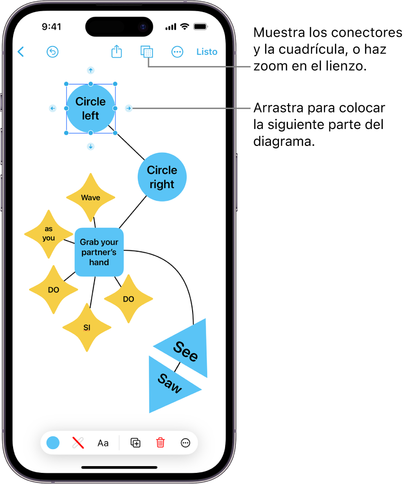 Un diagrama en un pizarrón de Freeform con conectores mostrándose en una figura seleccionada, con las herramientas de formato de figura en el área inferior de la pantalla.