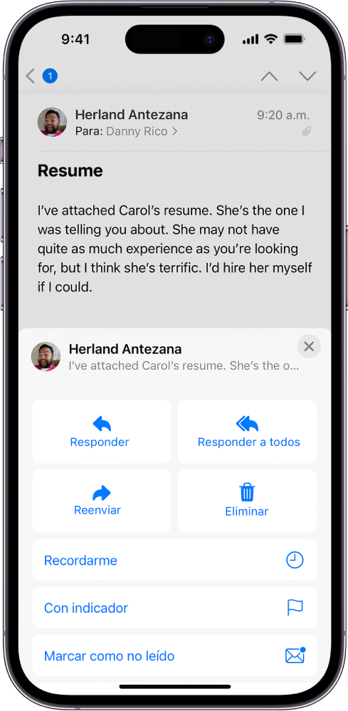 Un correo mostrando opciones para responder. A lo largo del centro de la pantalla, de izquierda a derecha, se encuentran los botones Reponder, Responder a todos, Reenviar y Basurero.