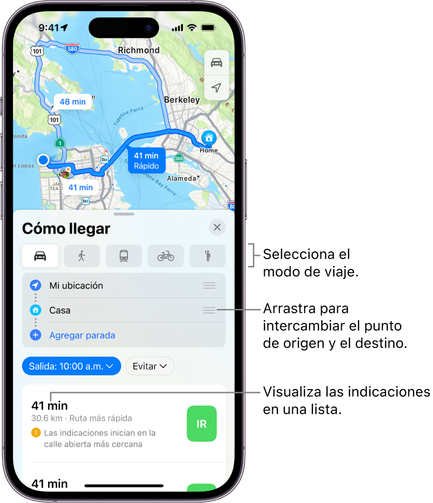 Un mapa mostrando varias rutas en auto entre dos ubicaciones, con opciones para elegir otros modos de desplazamiento, cambiar el punto de partida y de destino, y visualizar las indicaciones en una lista.