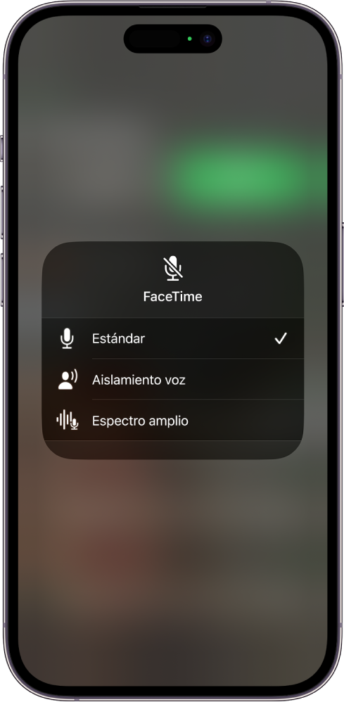 La configuración de micrófono en el centro de control para llamadas de FaceTime mostrando las configuraciones de audio Estándar, Aislamiento de Voz y Espectro amplio.