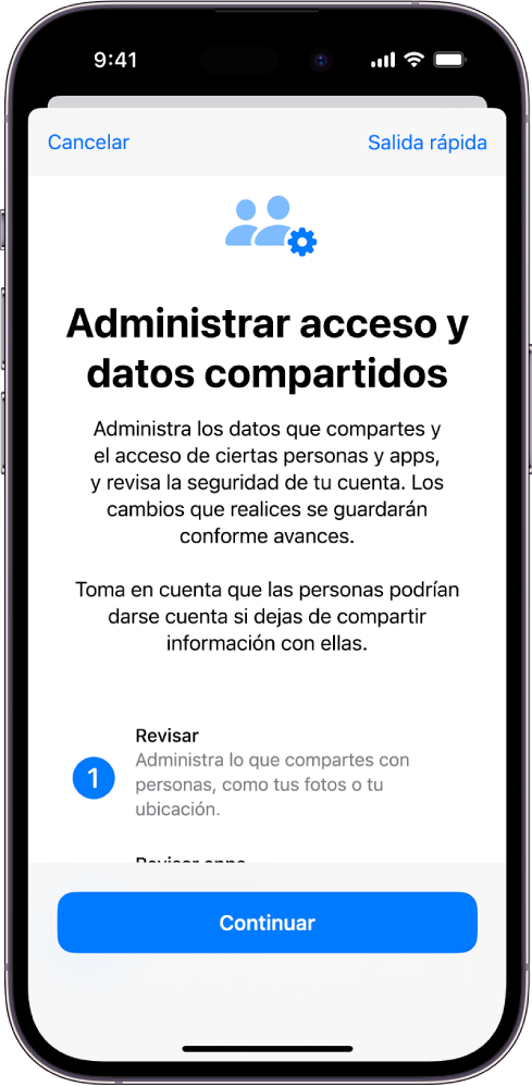 La app Configuración en la sección Administrar acceso y datos compartidos de Revisión de seguridad.