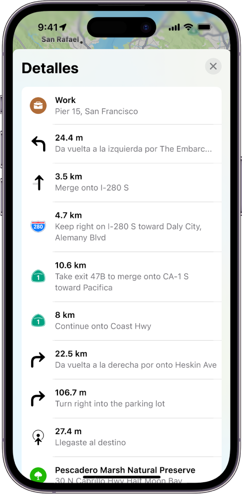 Se muestran las indicaciones detalladas de una ruta en una lista.