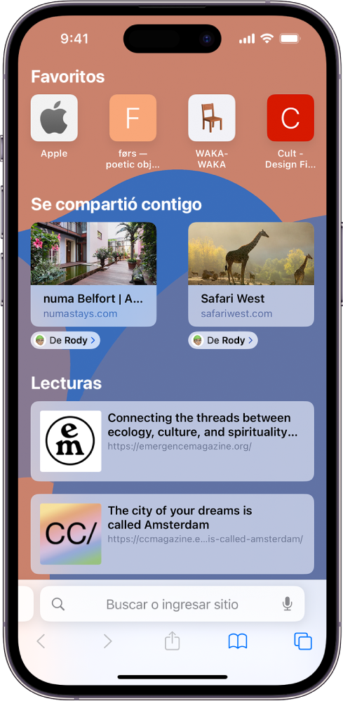La página principal de Safari incluye la sección Se compartió contigo con vistas previas de dos páginas web. Debajo de las vistas previas hay etiquetas que dicen De Rody.