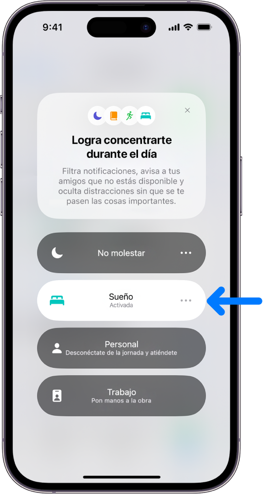 La pantalla de Enfoque con el enfoque Sueño activado, y los enfoques No molestar, Personal y Trabajo desactivados.