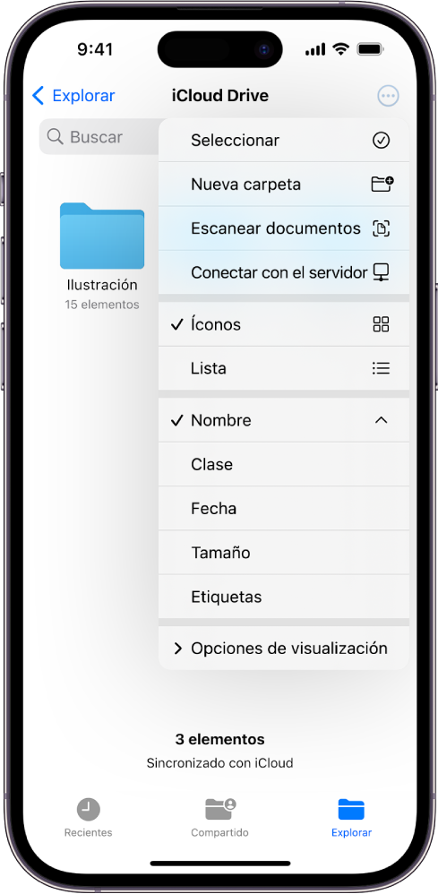 La app Archivos con el botón Más seleccionado. En el menú visible están las opciones Seleccionar, Nueva carpeta, Escanear documentos y Conectar con el servidor. Debajo hay opciones para visualizar los elementos de la pantalla como íconos o como una lista. En la parte inferior están las opciones de orden: Nombre, Clase, Fecha, Tamaño y Etiquetas, y más abajo está Opciones de visualización.