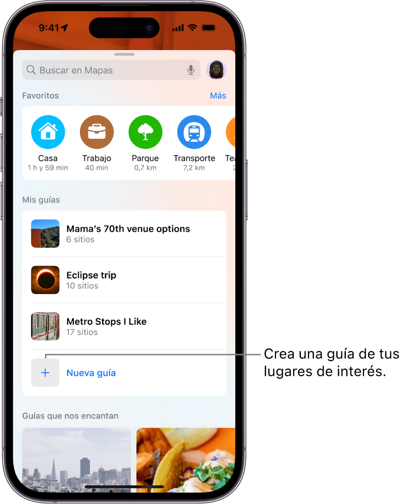 Tarjeta de búsqueda en la app Mapas con una lista de varias guías personalizadas en “Mis guías” y el botón “Nueva guía” en la parte inferior.
