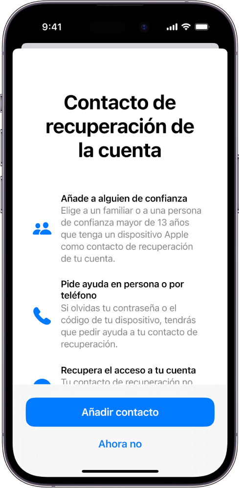 La pantalla “Contacto de recuperación de la cuenta”, con información sobre la función. El botón “Añadir contacto de recuperación” se encuentra en la parte inferior.