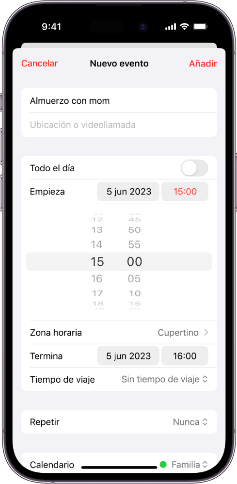 Evento de calendario con los ajustes de la hora y la zona horaria del evento.