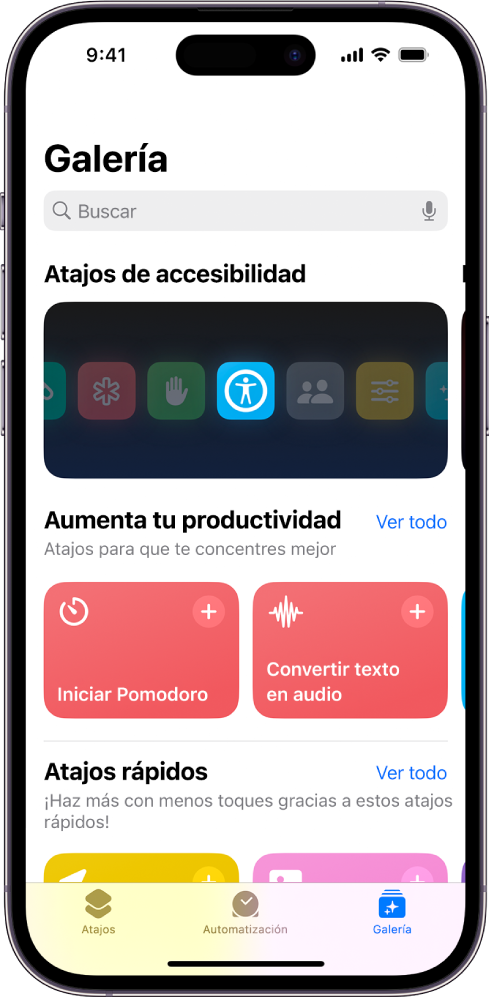 Pantalla Galería en la app Atajos con un campo de búsqueda en la parte superior. Debajo hay tres galerías: Funciones rápidas para Accesibilidad, “Aumenta tu productividad” y “Atajos rápidos”. En la parte inferior de la pantalla se encuentran los botones Atajos, Automatización y Galería. El botón Galería está seleccionado.