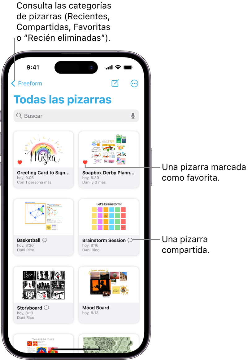 La pantalla “Todas las pizarras” de Freeform está abierta y muestra ocho miniaturas de pizarras.