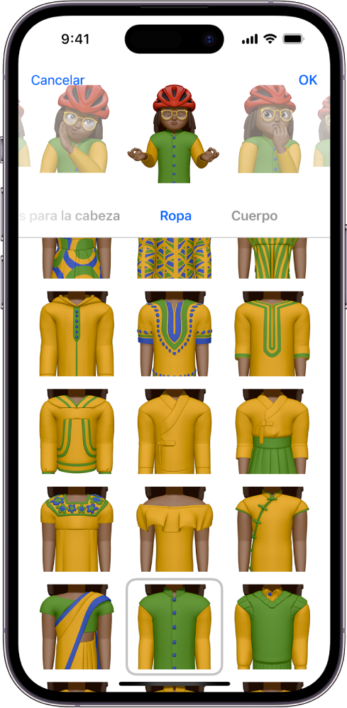 Pantalla Memoji, con el personaje que se está creando en el centro, las características para personalizarlo debajo del personaje y las opciones de la característica seleccionada en la parte inferior. El botón OK está en la parte superior derecha, mientras que en la parte superior izquierda se encuentra el botón Cancelar.