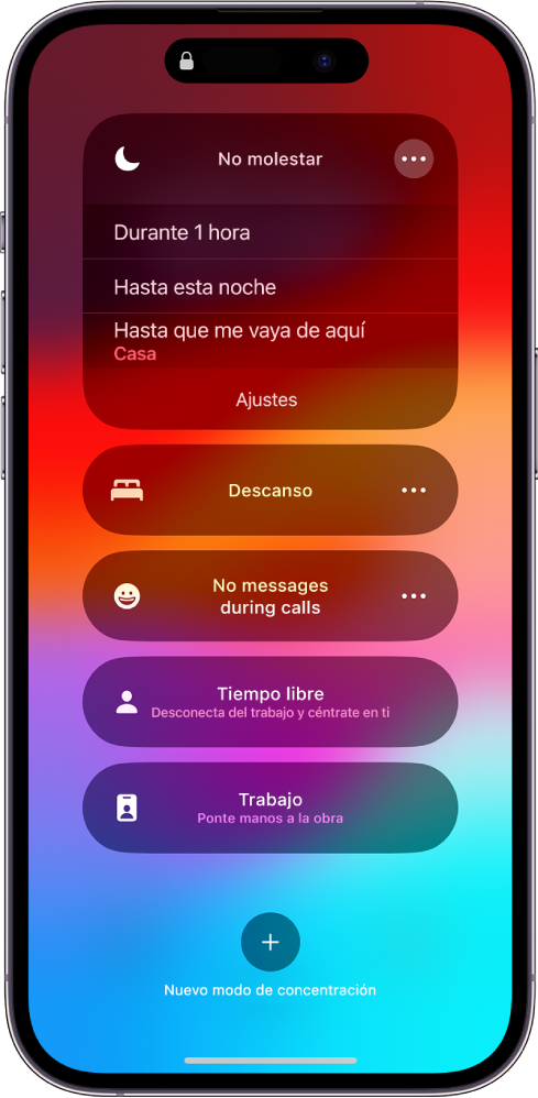 Pantalla para seleccionar el tiempo que estará activado “No molestar”. Las opciones son “Durante 1 hora”, “Hasta esta noche” y “Hasta que me vaya de aquí”.