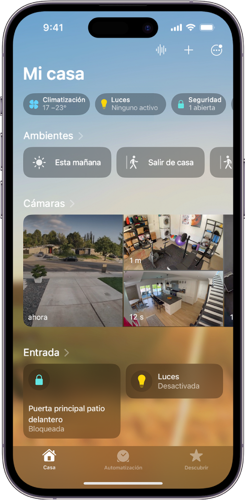La pestaña Casa muestra, de abajo arriba, cuatro categorías, dos ambientes, tres vistas de cámara y el estado de una habitación. En la parte inferior están las pestañas Casa (seleccionada), Automatización y Descubrir.