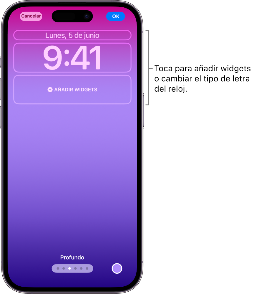 Pantalla de bloqueo personalizada durante su proceso de edición. Se han seleccionado los elementos disponibles para la personalización: la fecha, la hora y un botón para añadir widgets.