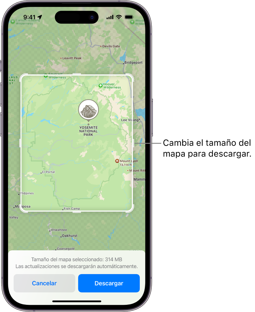 Mapa con un parque nacional. El parque está rodeado por un rectángulo con tiradores, que se pueden mover para redimensionar el mapa que se va a descargar. El tamaño de descarga del mapa seleccionado se indica cerca de la parte inferior del mapa. Los botones Cancelar y Descargar están en la parte inferior de la pantalla.