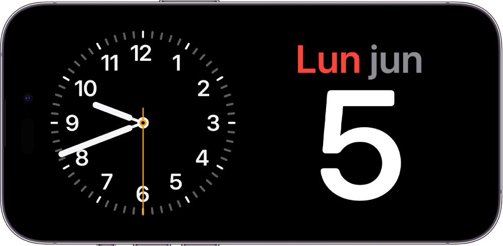 iPhone colocado en horizontal. La parte izquierda de la pantalla muestra un reloj y la fecha está a la derecha.