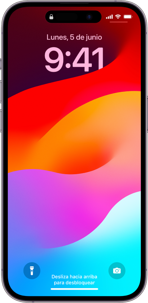Pantalla de bloqueo del iPhone con la fecha y hora cerca de la parte superior y los iconos de las apps Linterna y Cámara cerca de la parte inferior.
