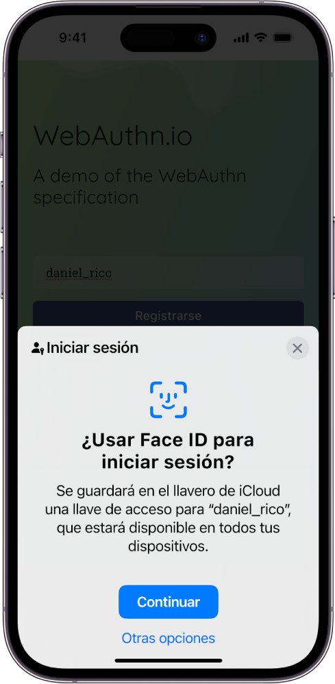Pantalla de inicio de sesión que aparece cuando se guarda una llave de acceso para la cuenta. Los botones Continuar y “Otras opciones” están en la parte inferior de la pantalla.