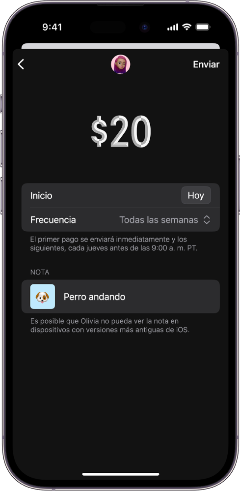 Pantalla con las opciones para enviar un pago recurrente.