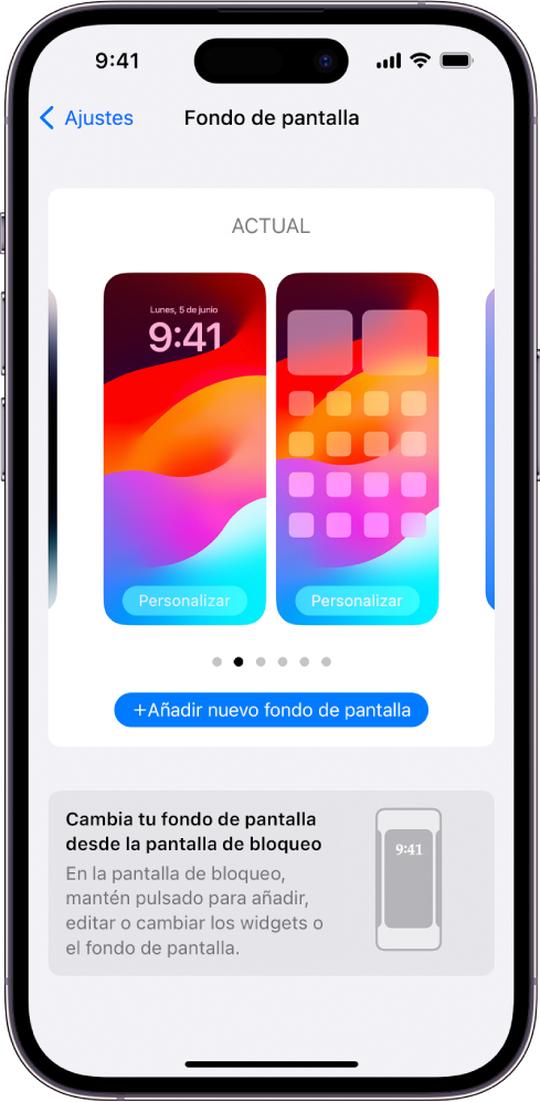 Pantalla de ajustes del fondo de pantalla con los botones para personalizar el fondo de pantalla actual de la pantalla de inicio y la pantalla de bloqueo, y el botón “Añadir nuevo fondo de pantalla” para cambiar el fondo de pantalla.
