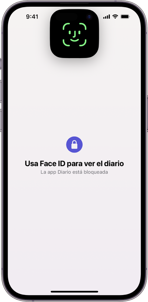 Pantalla que te solicita que uses Face ID para desbloquear tu diario.