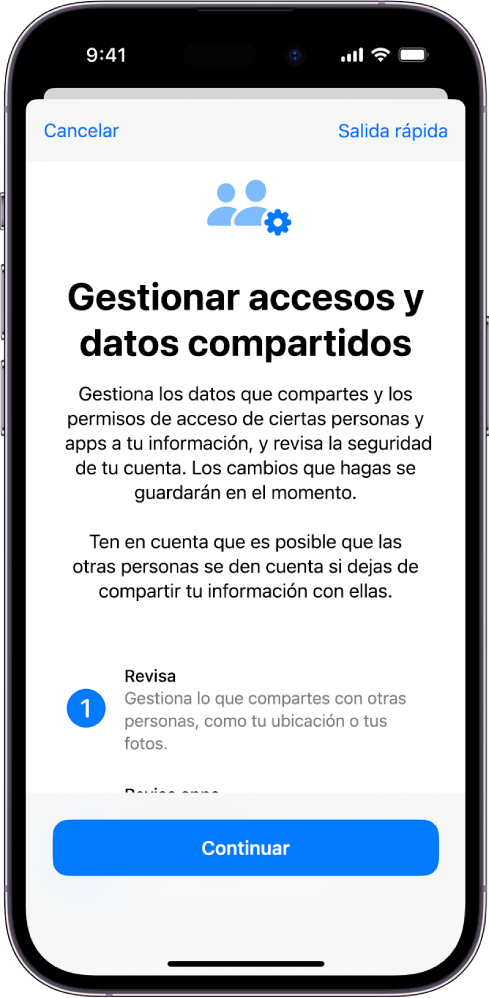 Pantalla “Gestionar accesos y datos compartidos” en el panel “Comprobación de seguridad” de Ajustes.