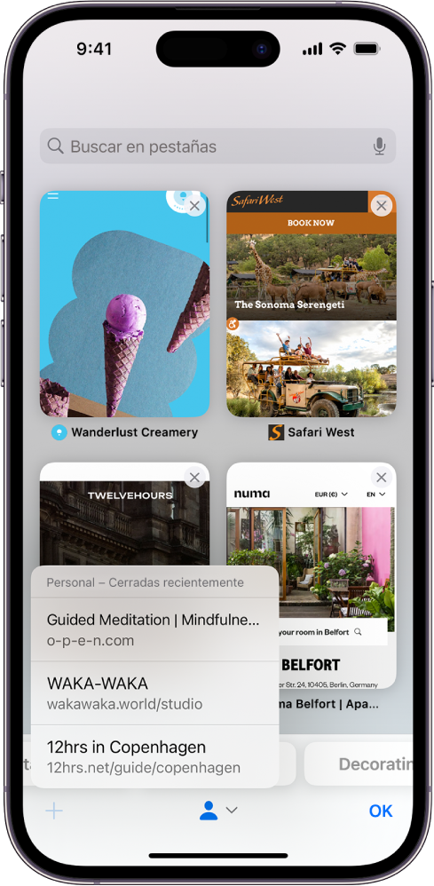 En la pantalla se muestran previsualizaciones de pestañas abiertas. En la parte inferior izquierda de la pantalla, se selecciona el botón “Nueva pestaña” y revela una lista de las pestañas cerradas recientemente.