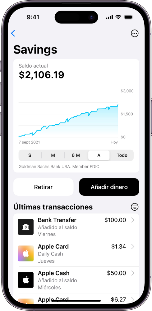 Pantalla con los detalles de una cuenta de Savings, que incluyen el saldo actual y una gráfica del saldo a lo largo del tiempo en la parte superior, botones para retirar o añadir dinero en el centro, y la última transacción en la parte inferior.