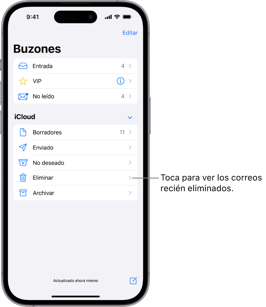 Pantalla de buzones. Debajo de iCloud, hay una lista de buzones con el buzón Papelera. Tócalo para ver los mensajes eliminados recientemente.