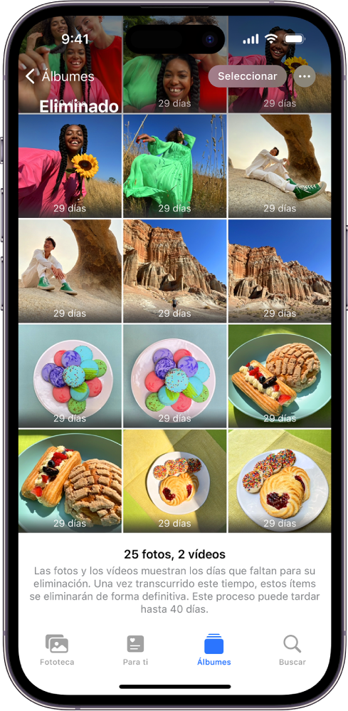 Carpeta Eliminado en la app Fotos. Las fotos eliminadas recientemente se muestran en una cuadrícula en la pantalla.