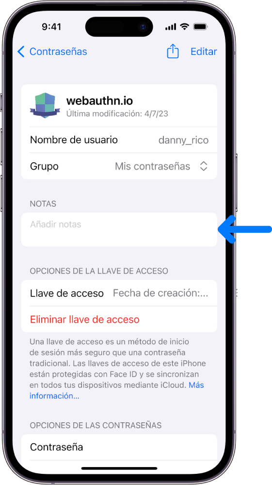 Una pantalla de llaves de acceso en el llavero de iCloud, con información sobre la llave de acceso y un lugar para añadir y ver notas.