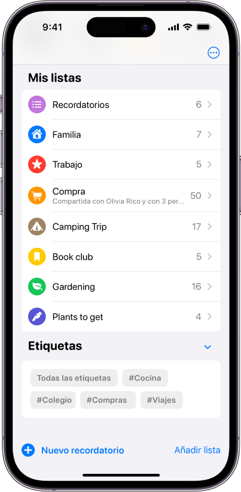 Pantalla con varias listas en Recordatorios. El explorador de etiquetas está en la parte inferior.