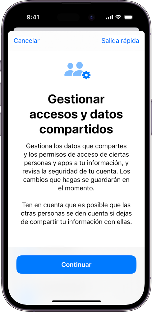 La pantalla “Gestionar accesos y datos compartidos”, con información sobre cómo funciona la prestación. El botón Continuar se encuentra en la parte inferior.