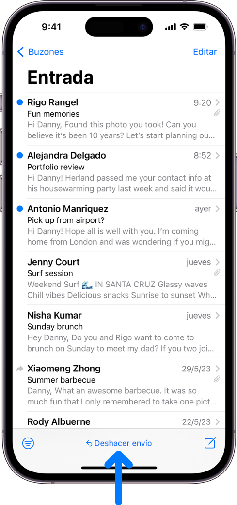 El buzón de entrada, con una lista de correos electrónicos. El botón “Deshacer envío” (para recuperar un correo electrónico recién enviado) está en el centro de la parte inferior de la pantalla.