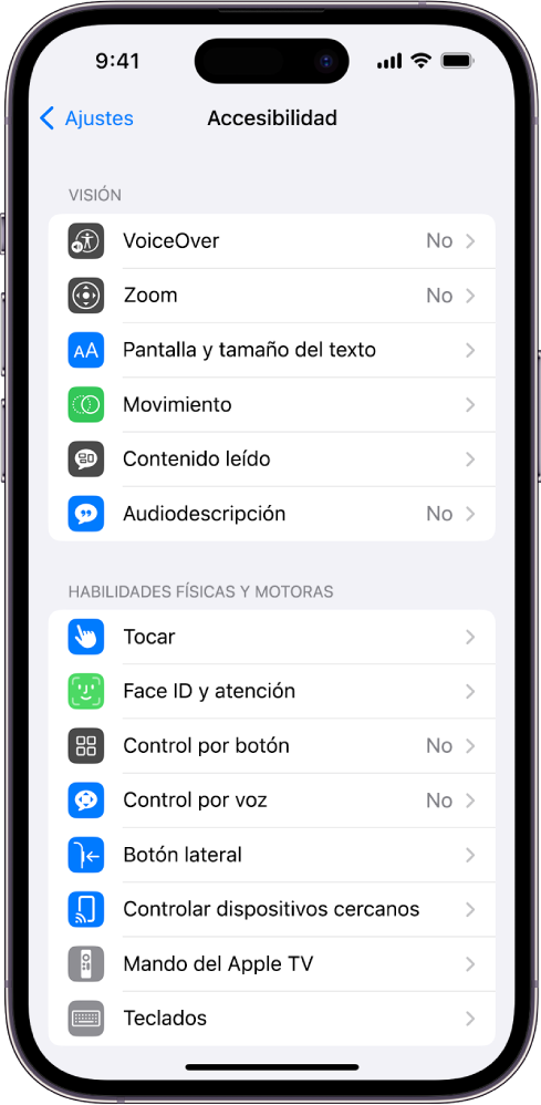 Pantalla Accesibilidad en Ajustes con las siguientes funciones integradas, de arriba abajo: Las funciones de Visión incluyen VoiceOver, Zoom, Pantalla y “Tamaño del texto”, Movimiento, “Contenido leído”, Audiodescripción y funciones físicas y motrices, que incluyen Touch ID y Face ID, y Atención.