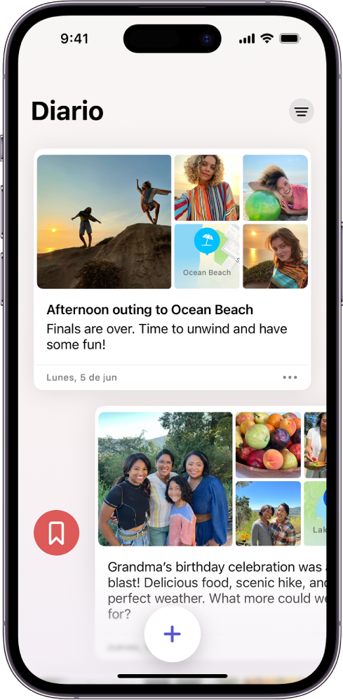 Pantalla con entradas del diario. Se desliza una entrada hacia la derecha y se muestra el botón Marcadores.