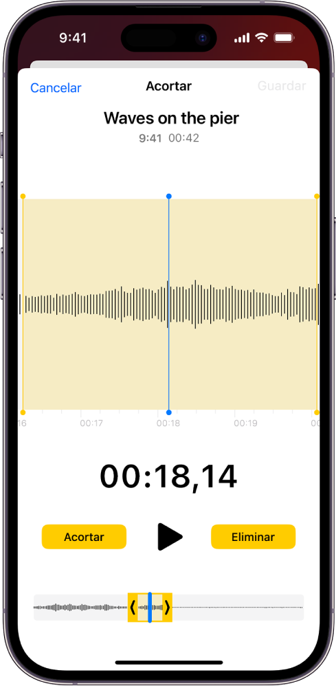 Se está editando una grabación, con los tiradores de recorte amarillos que enmarcan una porción de la forma de onda de audio en la parte inferior de la pantalla. Debajo de la forma de onda hay un botón Reproducir y un temporizador de grabación. Los tiradores de recorte están debajo del botón Reproducir. A ambos los lados del botón Reproducir están el botón Acortar para eliminar la parte de la grabación que se encuentre fuera de los tiradores, y el botón Eliminar para eliminar la parte de la grabación que se encuentre dentro de los tiradores.