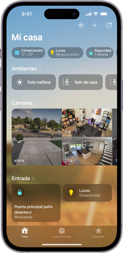 La pantalla de inicio en la app Casa.