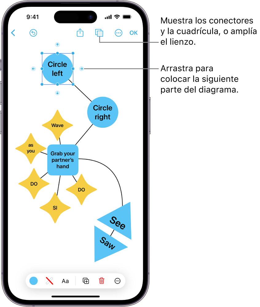 Un diagrama en una pizarra de Freeform con conectores en una figura seleccionada, con las herramientas de formato de figura visibles en la parte inferior de la pantalla.