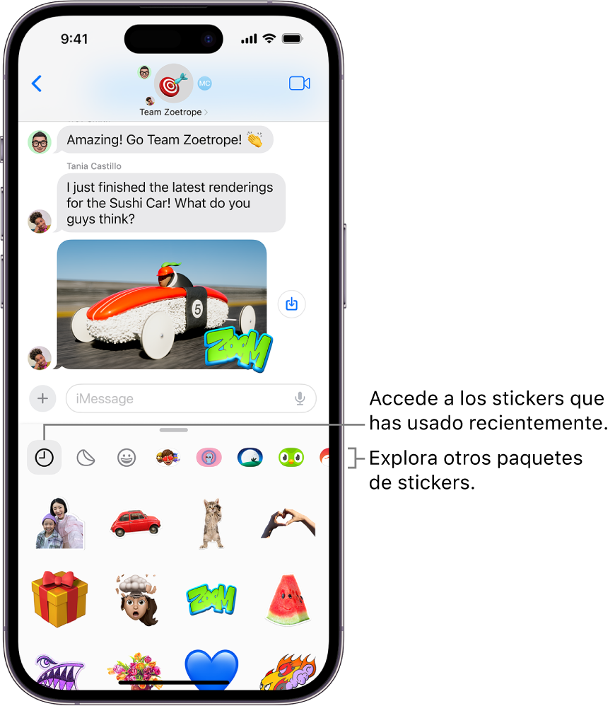 Debajo de una conversación hay stickers. Cada botón situado a lo largo de la parte superior de la tarjeta abre un paquete de stickers.