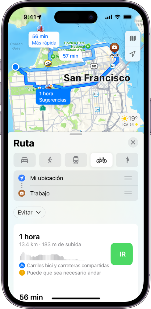 Mapa con opciones de rutas en bici. La tarjeta de ruta en la parte inferior proporciona detalles como los tiempos de desplazamiento estimados, los cambios de desnivel y los tipos de carretera. A la derecha de los detalles se muestra un botón Ir.