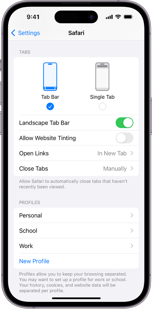 Ekraanil kuvatakse kahte Safari paigutuse valikut: Tab Bar ja Single Tab.