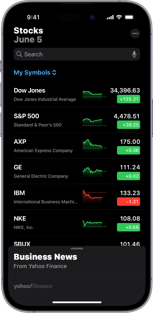 Rakenduse Stocks jälgimisloendis kuvatakse erinevate aktsiate loendit. Loendis on iga aktsia kohta (vasakult paremale) aktsiasümbol ja nimi, hinnagraafik, aktsia hind ning hinnamuutus. Ekraani ülaosas jälgimisloendi My Symbols kohal on otsinguväli. Ekraani allosas on Business News. Lugude kuvamiseks pühkige jaotises Business News üles.