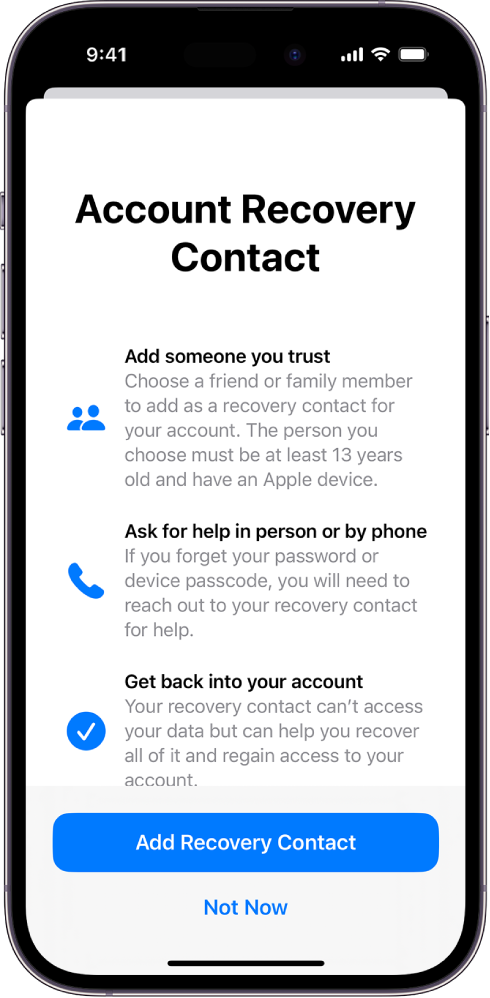 Kuva Account Recovery Contact koos teabega funktsiooni kohta. All on nupp Add Recovery Contact.