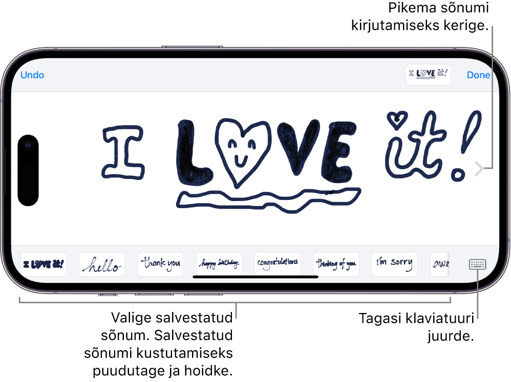 Käsitsi kirjutatud sõnumi koostamise lõuend. Alaosas asuvad (vasakult paremale) käsitsi kirjutatud üksused ja nupp Keyboard.