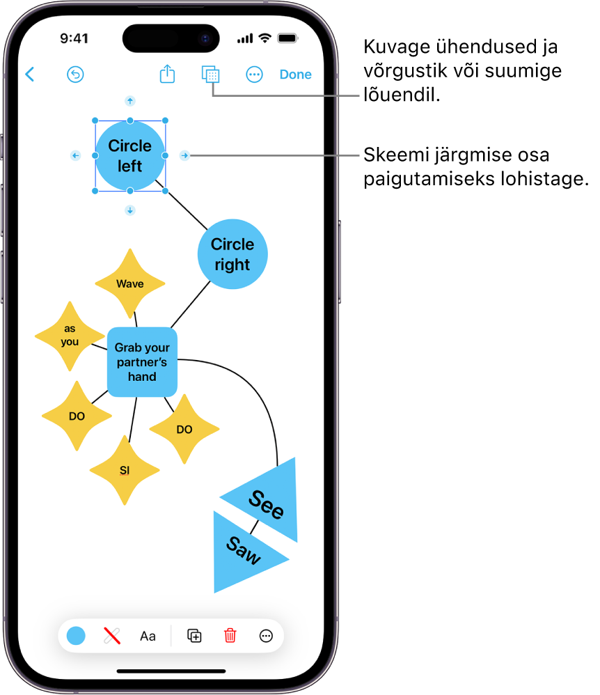 Freeformi tahvlil on ühendustega skeemil valitud kujund ning ekraani allosas on kujundi vormindamise tööriistad.