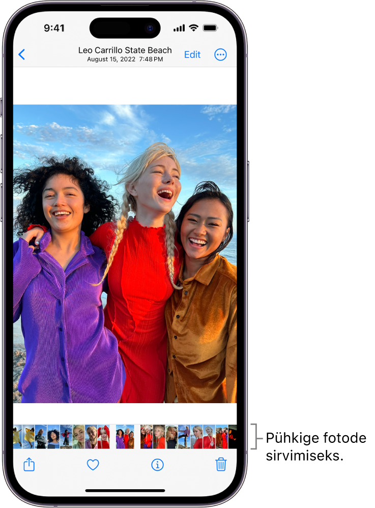 Foto koos teiste fotode pisipiltidega ekraani allservas. Üleval vasakul asub tagasi-nupp, mis viib teid tagasi sirvitavasse vaatesse. Alaosas asuvad nupud Share, Like ja Delete. Paremal üleval asub nupp Edit.