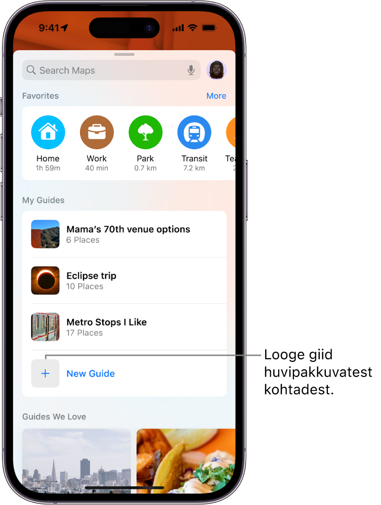 Rakenduse Maps otsingukaart mitme kohandatud giidiga jaotise My Guides all ning allosas on nupp New Guide.