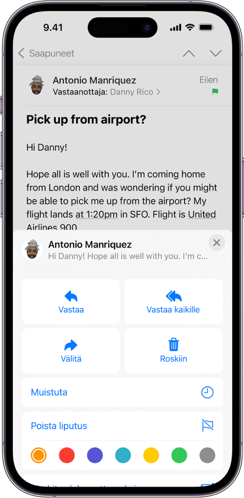 Sähköpostiviesti, jonka vastausvaihtoehdot näkyvät näytön alareunassa, mukaan lukien Poista liputus -painike ja lippujen värivalinnat.