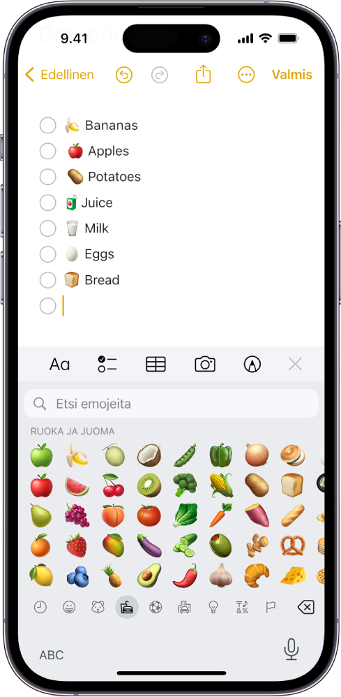Muistiinpano on auki Muistiinpanot-apissa näytön yläosassa ja emojinäppäimistö on auki näytön alaosassa.